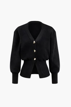 MICAS Knitwear|Knit Tops-Heart Button Balloon Sleeve Sweater Cardigan BLACK