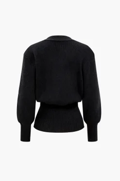 MICAS Knitwear|Knit Tops-Heart Button Balloon Sleeve Sweater Cardigan BLACK