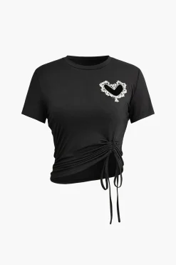 MICAS T-Shirts-Heart Rhinestone Hollow Out Drawstring Ruched T-shirt BLACK