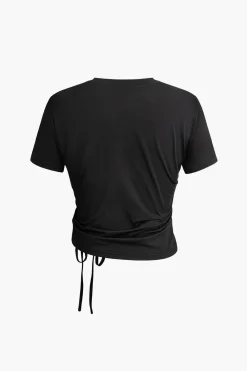MICAS T-Shirts-Heart Rhinestone Hollow Out Drawstring Ruched T-shirt BLACK