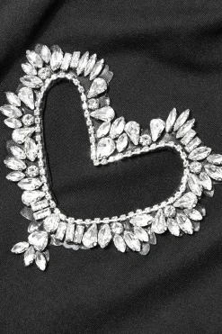 MICAS T-Shirts-Heart Rhinestone Hollow Out Drawstring Ruched T-shirt BLACK