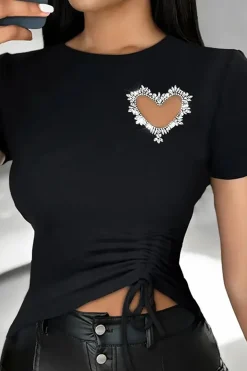 MICAS T-Shirts-Heart Rhinestone Hollow Out Drawstring Ruched T-shirt BLACK