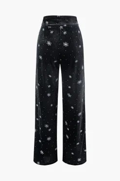 MICAS Pants-High Waist Velvet Snowflake Pattern Straight Leg Pants BLACK