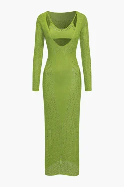 MICAS Long Sleeve Dresses|Knit Sets-Hollow Out Long Sleeve Knit Maxi Dress With Bra Set