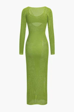 MICAS Long Sleeve Dresses|Knit Sets-Hollow Out Long Sleeve Knit Maxi Dress With Bra Set