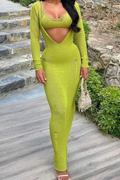 MICAS Long Sleeve Dresses|Knit Sets-Hollow Out Long Sleeve Knit Maxi Dress With Bra Set