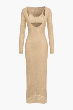 MICAS Long Sleeve Dresses|Knit Sets-Hollow Out Long Sleeve Knit Maxi Dress With Bra Set