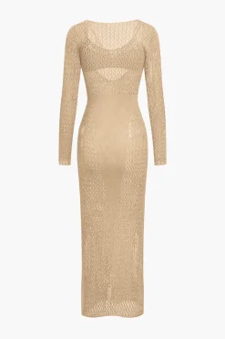 MICAS Long Sleeve Dresses|Knit Sets-Hollow Out Long Sleeve Knit Maxi Dress With Bra Set