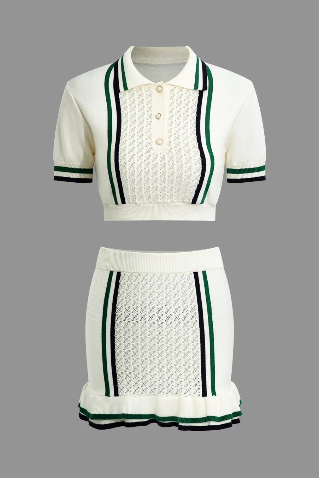 MICAS Knit Sets-Hollow Out Polo Knit Crop Top And Skirt Set Contrast Color