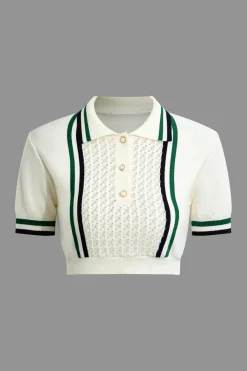 MICAS Knit Sets-Hollow Out Polo Knit Crop Top And Skirt Set Contrast Color