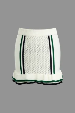 MICAS Knit Sets-Hollow Out Polo Knit Crop Top And Skirt Set Contrast Color