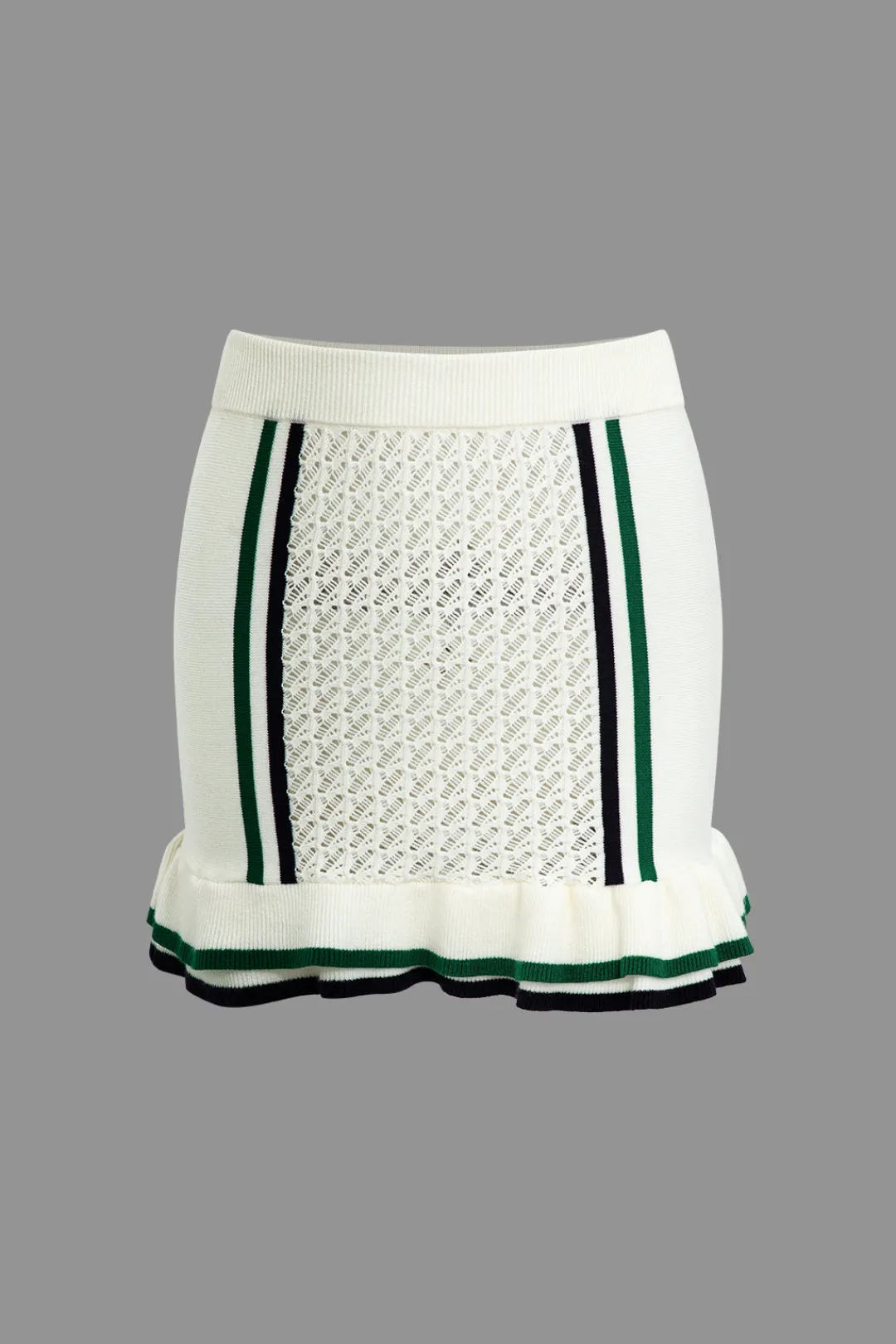 MICAS Knit Sets-Hollow Out Polo Knit Crop Top And Skirt Set Contrast Color