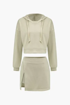 MICAS Skirt Sets-Hooded And Slit Mini Skirt Set KHAKI