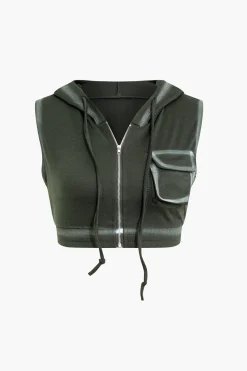 MICAS Skirt Sets-Hooded Crop Top And Drawstring Pleated Mini Skirt Set GRAY