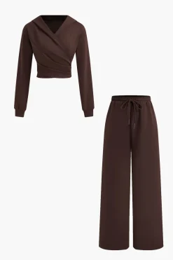 MICAS Pant Sets-Hooded Ruched Cropped Top And Drawstring Straight Leg Pants Set
