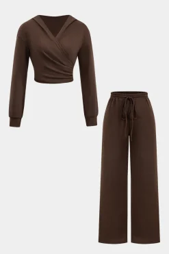 MICAS Pant Sets-Hooded Ruched Cropped Top And Drawstring Straight Leg Pants Set
