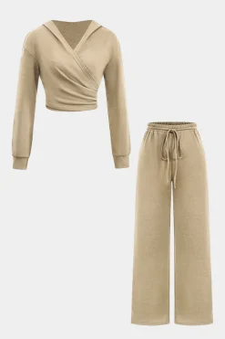 MICAS Pant Sets-Hooded Ruched Cropped Top And Drawstring Straight Leg Pants Set