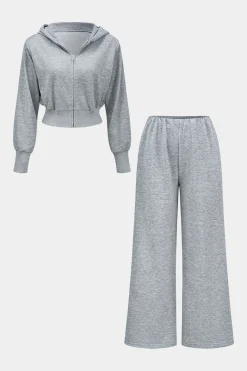 MICAS Pant Sets-Hooded Zipper Detail Top And Wide Leg Trousers Set LIGHT GRAY