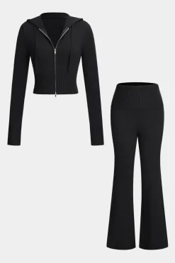 MICAS Pant Sets-Hooded Zipper Long Sleeve Top And Trousers Set BLACK