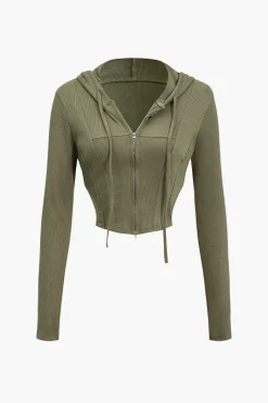 MICAS Long Sleeve Tops|Long Sleeves Tops-Hooded Zipper Long Sleeve Top GREEN