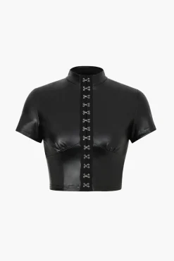 MICAS T-Shirts-Hook And Eye Faux Leather T-Shirt BLACK