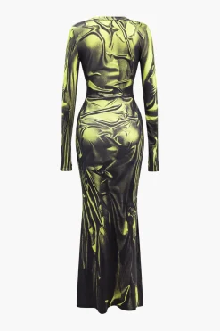 MICAS Long Sleeve Dresses|Maxi Dresses-Illusion Pattern Print Long-Sleeve Maxi Dress NEON YELLOW