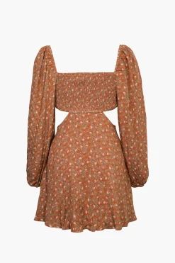 MICAS Long Sleeve Dresses|Mini Dresses-Indie All The Way Cut-Out Floral Mini Dress DARK ORANGE