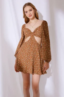 MICAS Long Sleeve Dresses|Mini Dresses-Indie All The Way Cut-Out Floral Mini Dress DARK ORANGE