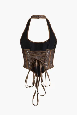 MICAS Corset & Bustier Tops-Jacquard Eyelet Tie Halter Corset Top