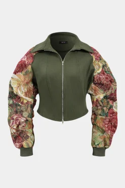 MICAS Long Sleeve Tops|Long Sleeves Tops-Jacquard Patchwork Zipper Long-Sleeve Top MILITARY