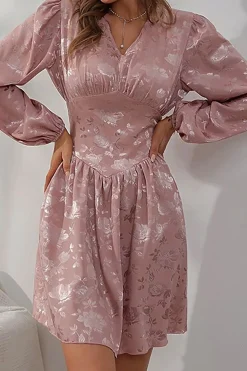 MICAS Long Sleeve Dresses|Mini Dresses-Jacquard Satin V Neck Buttons Long Sleeve Mini Dress