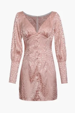 MICAS Long Sleeve Dresses|Mini Dresses-Jacquard Satin V Neck Buttons Long Sleeve Mini Dress