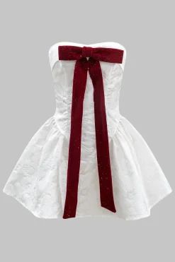 MICAS Mini Dresses-Jacquard Strapless Bow Knotted Mini Dress WHITE