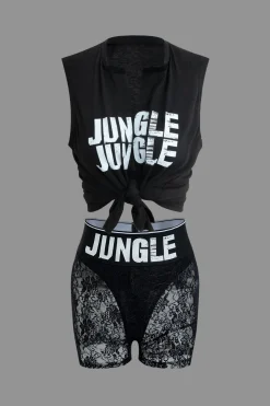 MICAS Short Sets-Jungle Print Knot Sleeveless Top And Lace Shorts Set