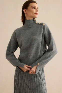 MICAS Knit Tops-Knit Asymmetrical Button Long-Sleeve Top STEEL
