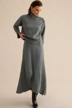 MICAS Knit Tops-Knit Asymmetrical Button Long-Sleeve Top STEEL