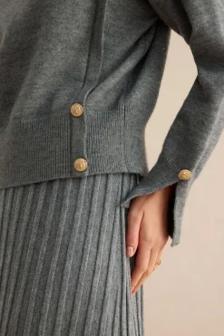 MICAS Knit Tops-Knit Asymmetrical Button Long-Sleeve Top STEEL