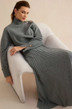 MICAS Knit Tops-Knit Asymmetrical Button Long-Sleeve Top STEEL