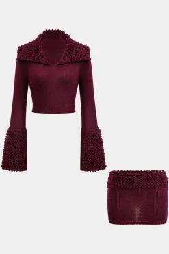MICAS Knitwear|Knit Sets-Knit Bell Sleeve Top And Mini Skirt Set MAROON