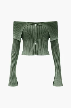 MICAS Knitwear|Knit Tops-Knit Bell Sleeves Zipper Long-Sleeve Top