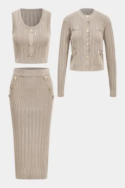 MICAS Knit Sets-Knit Bottom Tank Top And Cardigan And Skirt Set