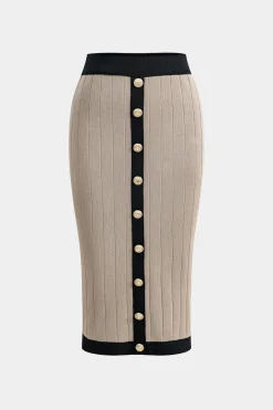 MICAS Knitwear|Knit Sets-Knit Button Cardigan And Skirt Set KHAKI