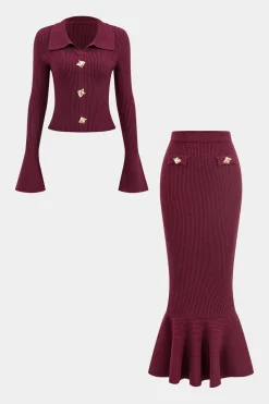 MICAS Knitwear|Knit Sets-Knit Button Metallic Long-Sleeve Top And Maxi Skirt Set BURGUNDY