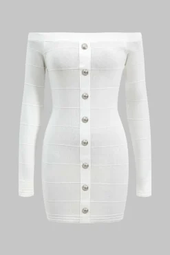 MICAS Long Sleeve Dresses|Knitwear-Knit Button Off Shoulder Long Sleeve Dress WHITE