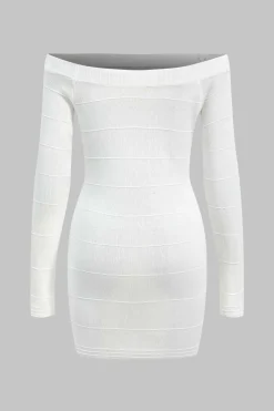 MICAS Long Sleeve Dresses|Knitwear-Knit Button Off Shoulder Long Sleeve Dress WHITE