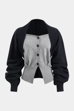 MICAS Knitwear|Knit Tops-Knit Button Patchwork Long-Sleeve Top BLACK