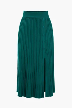 MICAS Knitwear|Knit Bottoms-Knit Button Pleated Slit Skirt GREEN