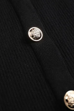 MICAS Long Sleeve Dresses|Knitwear-Knit Button Puff Patchwork Long-Sleeve Dress BLACK