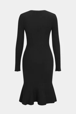 MICAS Long Sleeve Dresses|Knitwear-Knit Button Round Neck Long Sleeve Dress BLACK