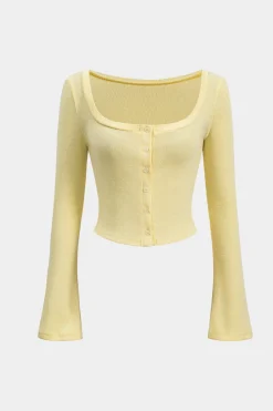 MICAS Knitwear|Knit Tops-Knit Button Square Neck Bell Sleeve Top CREAM YELLOW